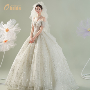 高定一字肩主纱高级质感重工 定制新娘婚纱2024新款 Obride 星河