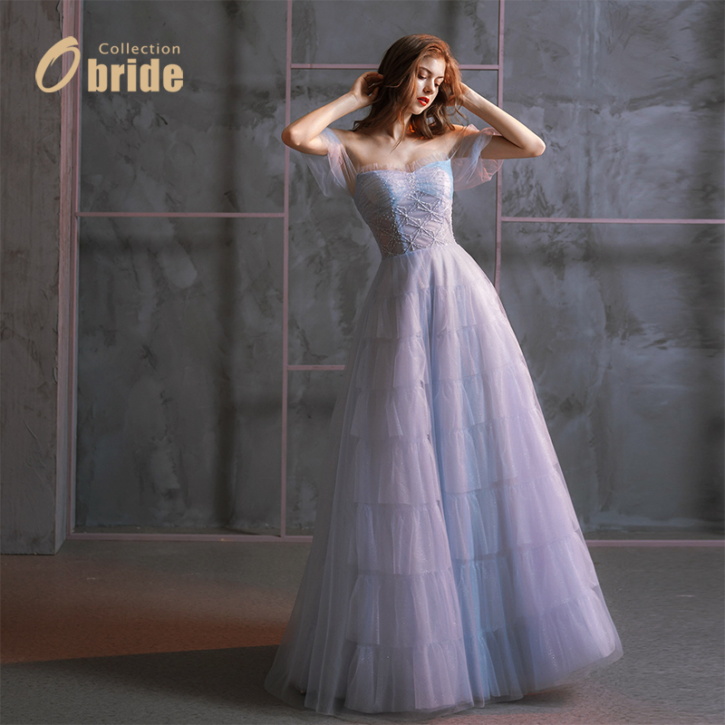 Obride[星轨]2020新款一字肩蓝色超仙主持宴会演出晚礼服轻婚纱女