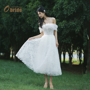 Obride 一字肩高级轻婚纱生日成人礼高定小个子订婚小礼服 花织