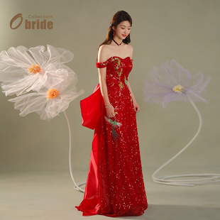 新娘一字肩超显瘦红色亮片礼服 敬酒服2025新款 Obride 凤羽裳