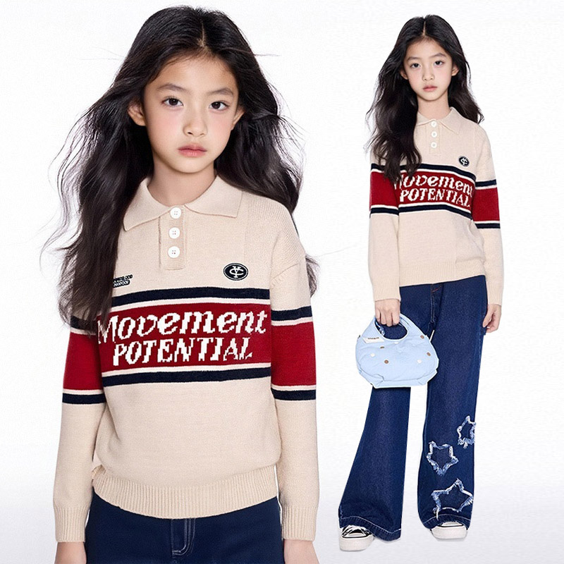 MSYJ 拼色polo领毛衣女童秋冬加厚新款休闲字母针织衫上衣