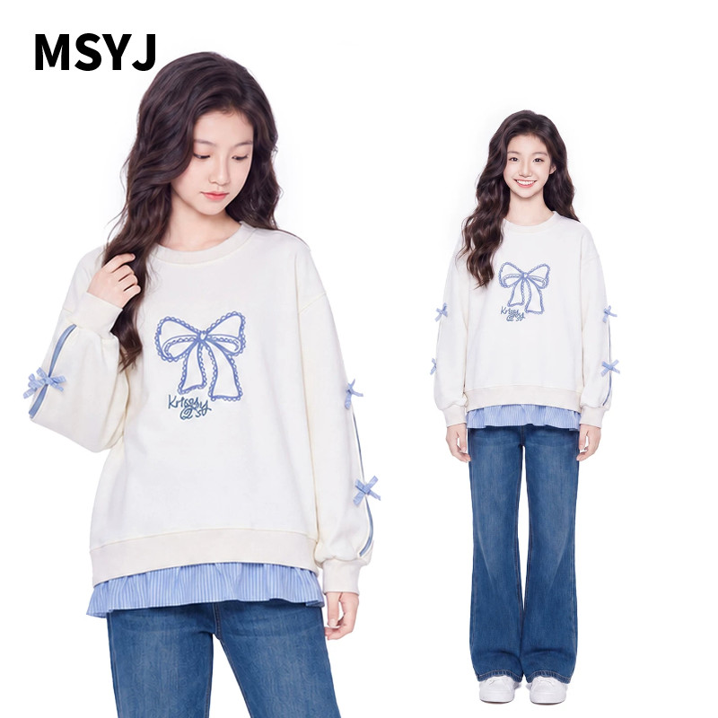 MSYJ 儿童蝴蝶结卫衣女童2026秋季大童圆领拼接宽松休闲长袖上衣