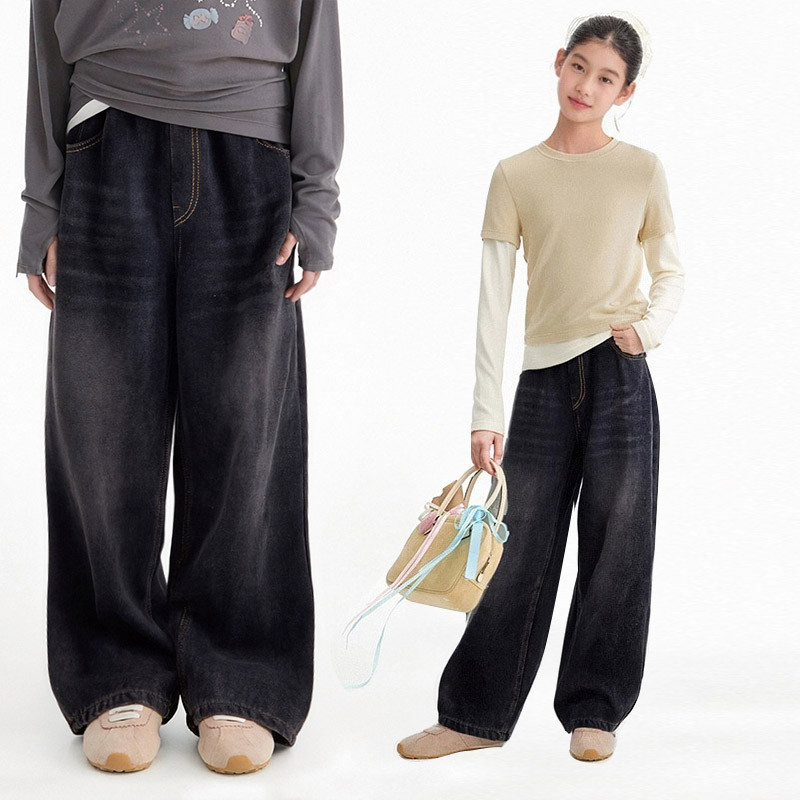 MSYJ 复古牛仔裤女童加绒裤子2025休闲水洗经典百搭款阔腿长裤