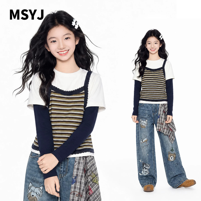 MSYJ 儿童条纹拼接假两件上衣牛仔裤两件套2026新款女童秋装套装