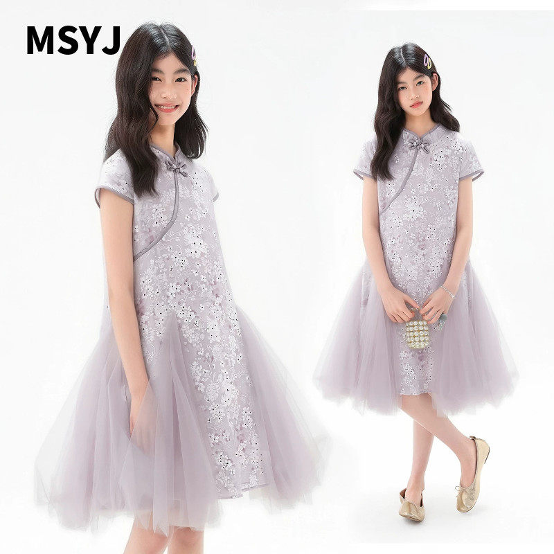 MSYJ 连衣裙女童短袖夏季2026新款儿童A字裙碎花新中式旗袍裙立领