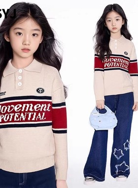 MSYJ 拼色polo领毛衣女童秋冬加厚新款休闲字母针织衫上衣
