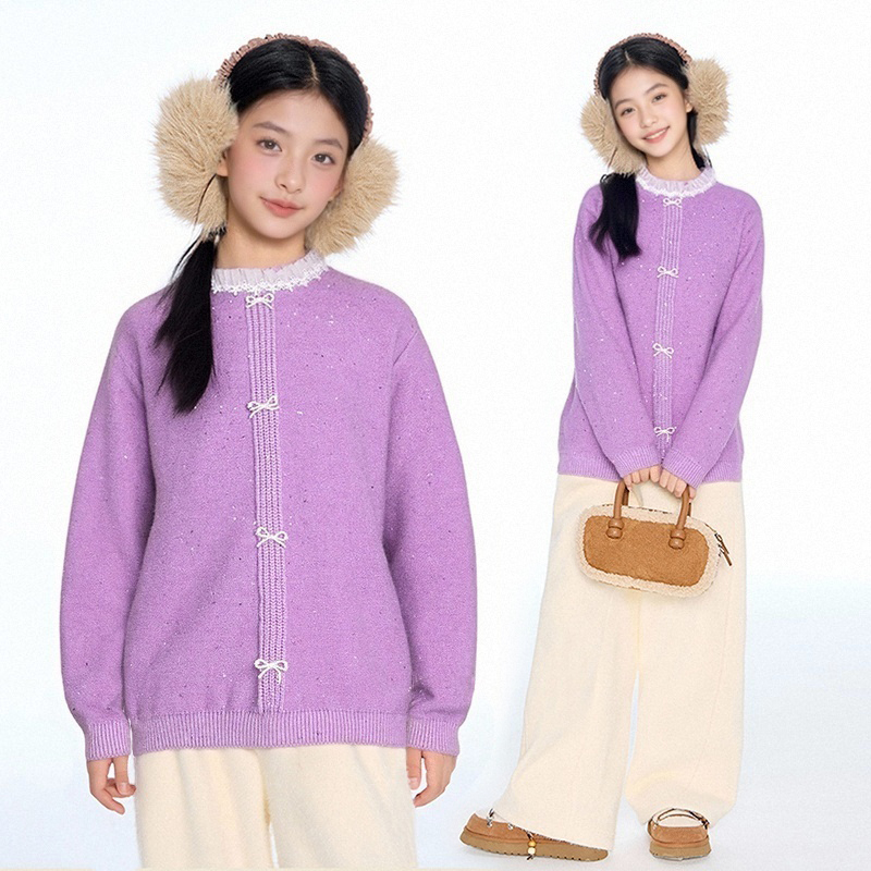 MSYJ 紫色毛衣圆领女童新款秋冬针织衫加厚套头休闲上衣