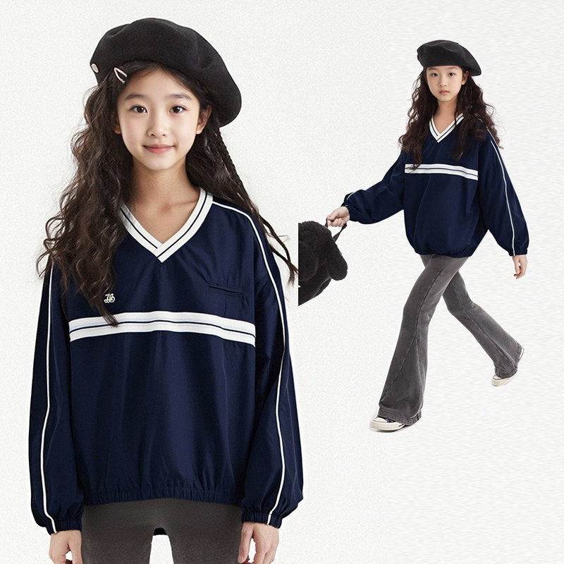 MSYJ 撞色复古拼接套头卫衣女童V领秋季新款宽松休闲长袖上衣