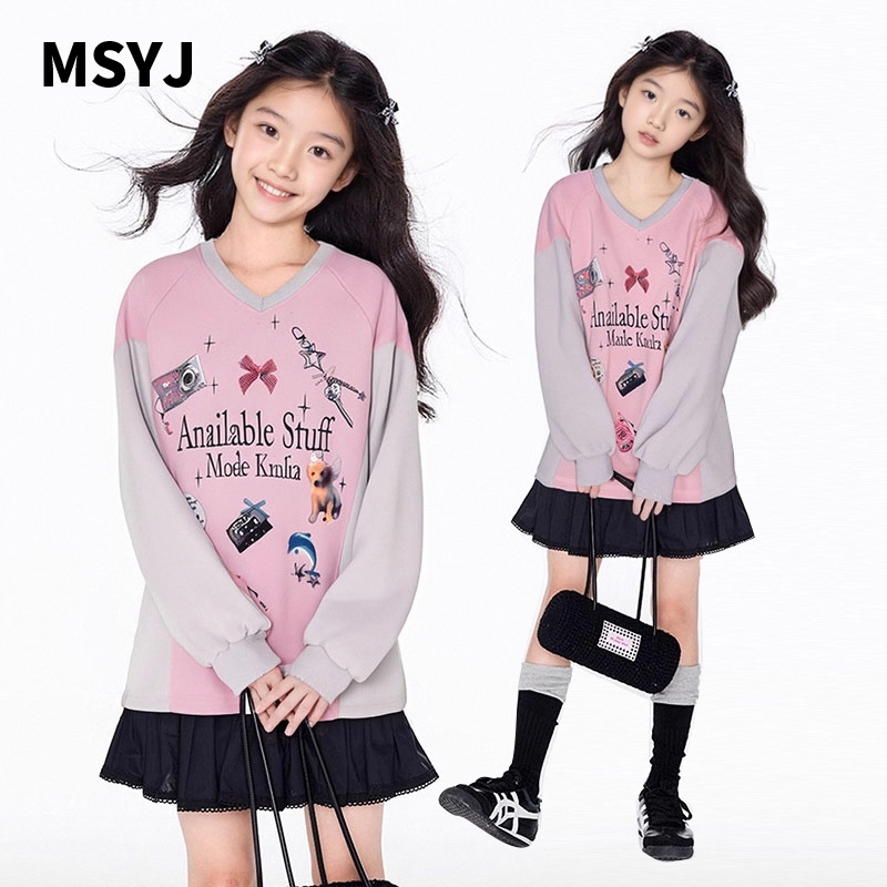 MSYJ 秋季新款卫衣女童V领长袖撞色宽松中大童休闲印花上衣