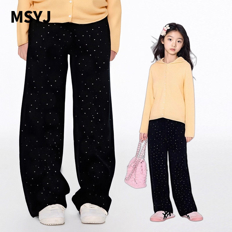 MSYJ 黑色波点加绒牛仔裤女童秋冬碎花直筒裤子加厚休闲长裤