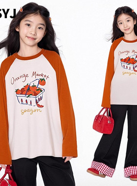 MSYJ 橙色圆领T恤长袖女童秋季新款宽松插肩袖撞色休闲上衣