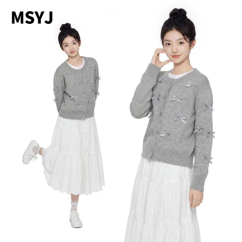 MSYJ 儿童甜美休闲套装2026女童秋季蝴蝶结针织开衫半身裙两件套