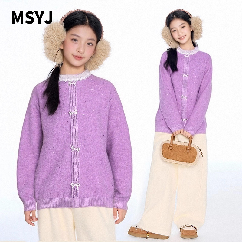 MSYJ 紫色毛衣圆领女童新款秋冬针织衫加厚套头休闲上衣