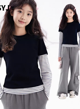 MSYJ 假两件拼接长袖T恤女童秋季休闲条纹修身短款圆领上衣