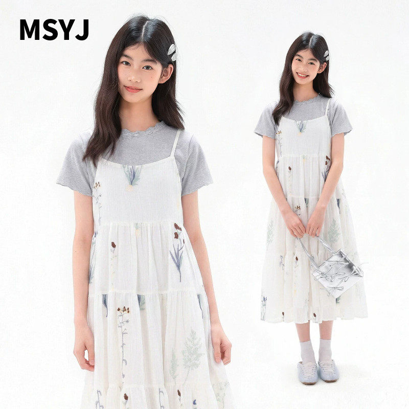 MSYJ 儿童夏季套装短袖2026休闲女童中大童新款T恤吊带裙两件套