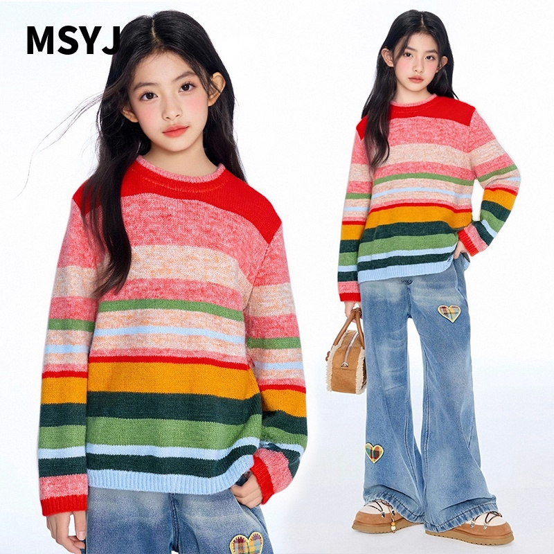 MSYJ 彩虹条纹套头毛衣女童秋冬加厚2025新款休闲圆领针织衫上衣