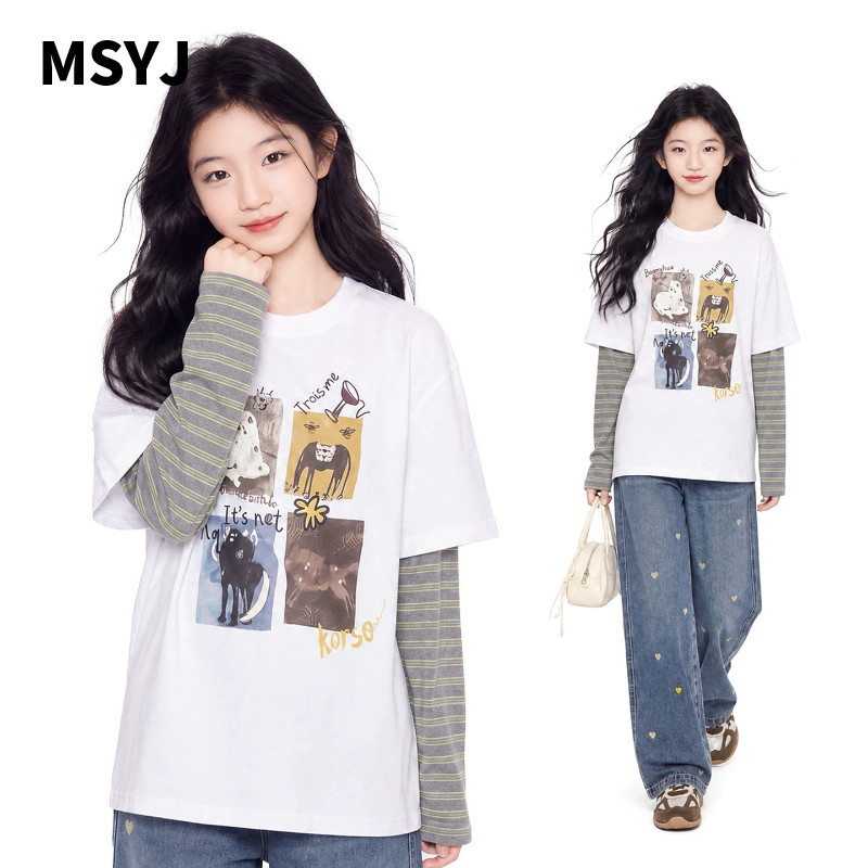 MSYJ 儿童秋款假两件印花T恤套装2026新款女童刺绣牛仔裤两件套