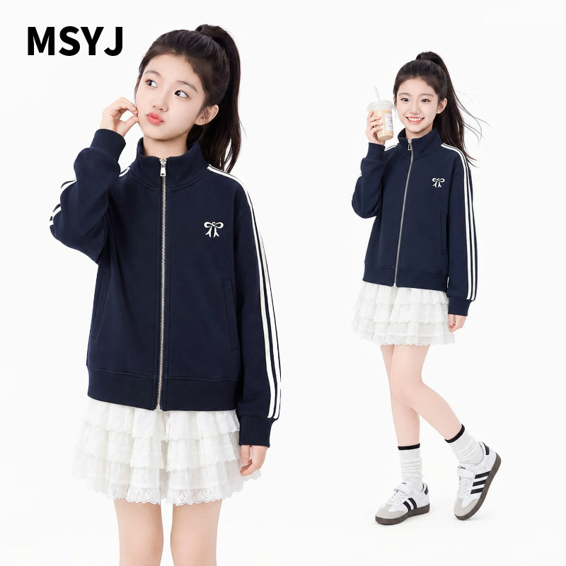MSYJ 儿童蝴蝶结绣花棒球服2026新款秋季女童立领休闲夹克上衣