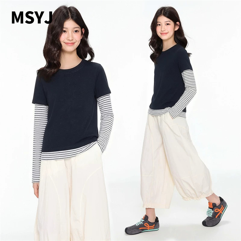 MSYJ 假两件长袖T恤女童2026春季休闲条纹拼接修身短款圆领上衣