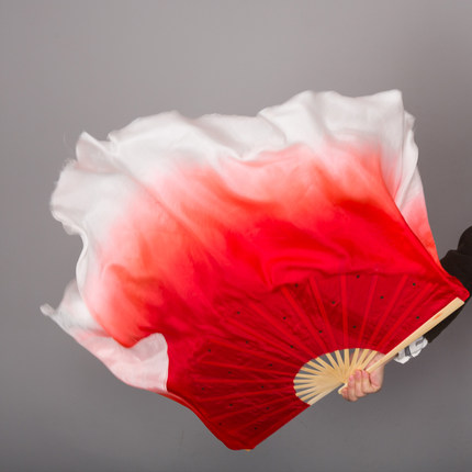 跳舞扇加长广场舞表演双面真丝成人儿童红色渐变胶州秧歌舞蹈扇子