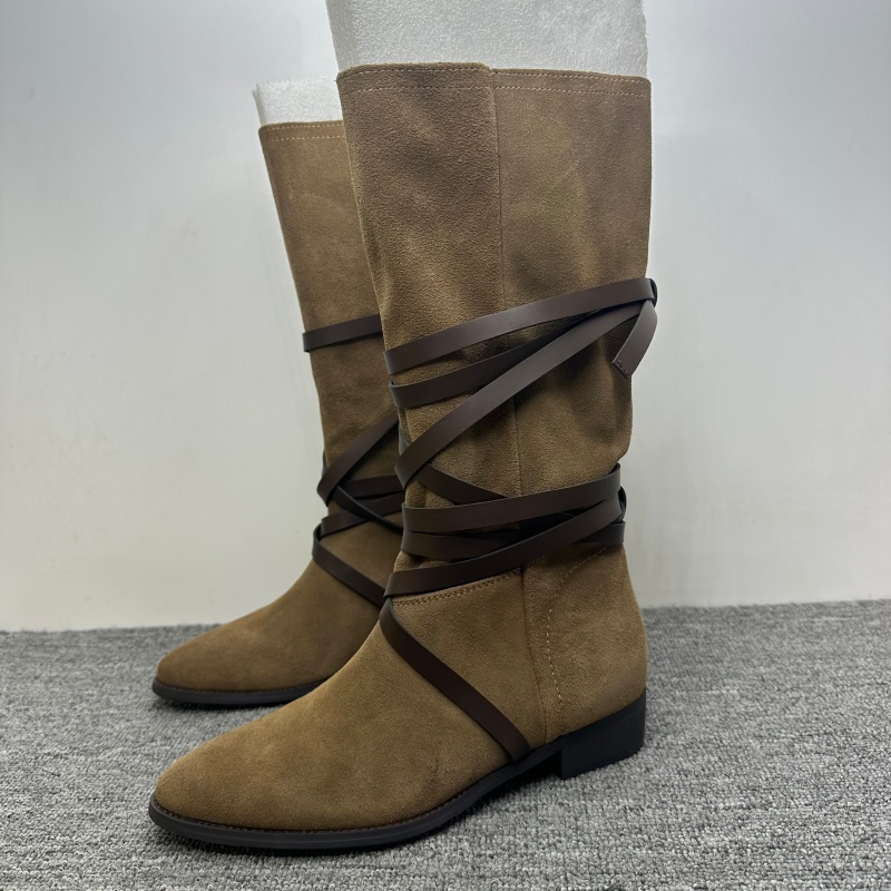 孤品处理39码真皮女靴新款西部牛仔靴百搭尖头套筒绑带骑士靴牛皮