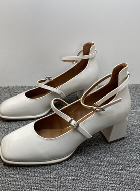 处理38.39码女鞋新款春夏玛丽珍鞋百搭粗跟浅口一字带法式高跟鞋