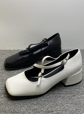 处理38.39码玛丽珍鞋2025春夏新款女鞋粗高跟交叉一字扣女单鞋潮