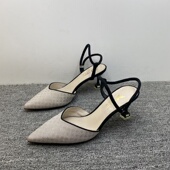 女夏季 新款 单鞋 撤柜处理包头凉鞋 气质一字带后空细跟尖头高跟鞋 女