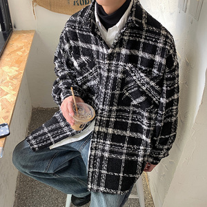 CT20情侣圈圈呢港风宽松格子衬衫外套男学生夹克衬衫男P75