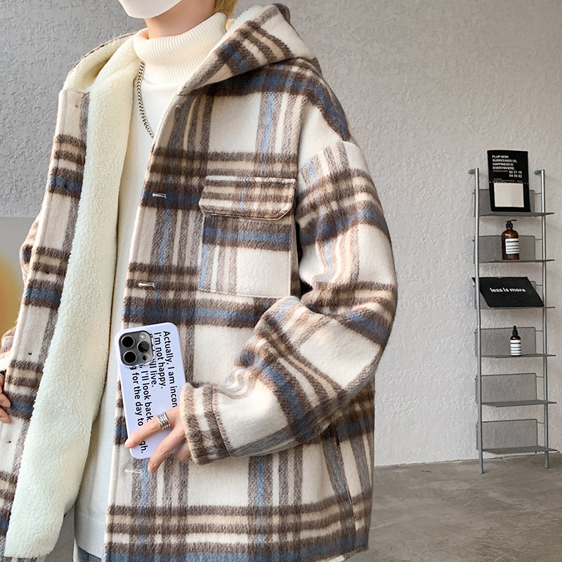 wassuphappy假两件毛呢大衣男冬季潮牌加厚保暖棉衣防寒休闲外套,男装棉衣,电商A066