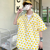 DX1516’中性风宽松情侣大码爱心满印衬衫男女P4058黄色，男装衬衫，电商A066