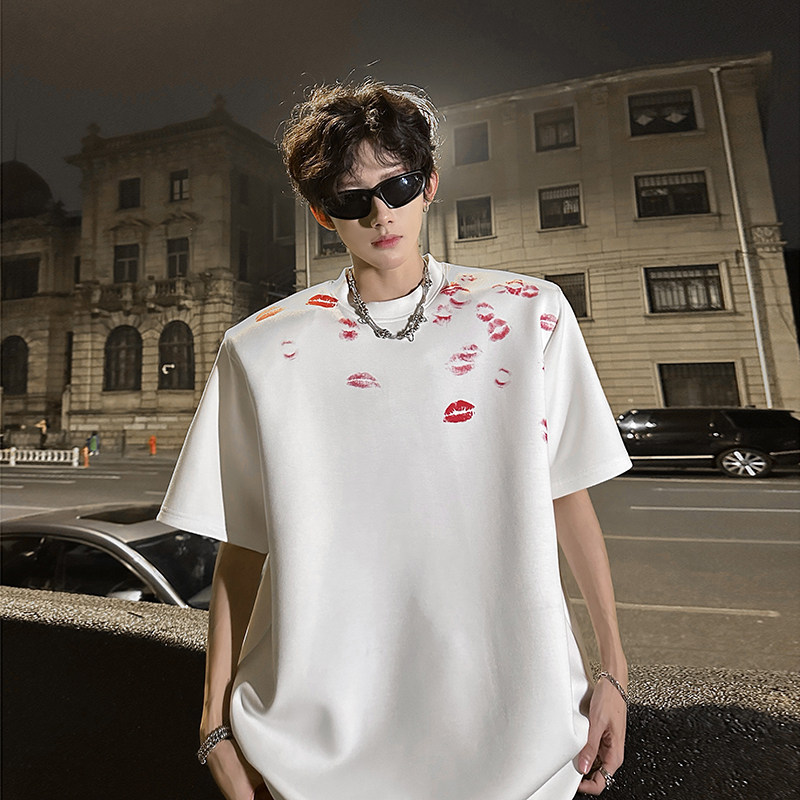 KT1026`（垫肩可拆装）唇印短袖T恤男ins潮牌上痞帅P48，男装T恤，电商A066