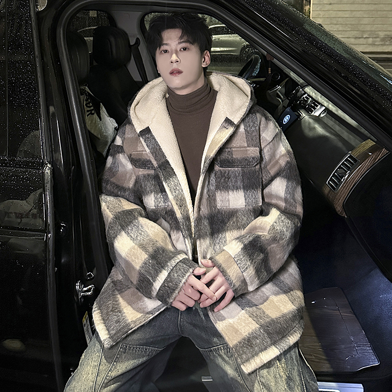 MH18`条纹ins加厚中长款羊羔毛呢料外套连帽棉衣棉服男P118，男装棉衣，电商A066