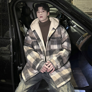 MH18`条纹ins加厚中长款羊羔毛呢料外套连帽棉衣棉服男 P118，男装棉衣，电商A066