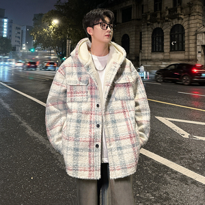 MH12`条纹ins加厚中长款羊羔毛呢料外套连帽棉衣棉服男 P118图片