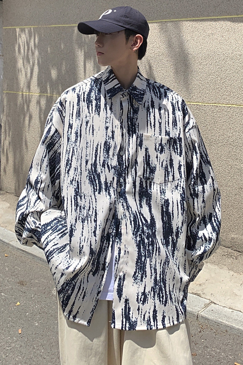 CT21宽松情侣港风大码ins扎染条纹衬衫外套男P4868蓝色,男装衬衫,电商A066