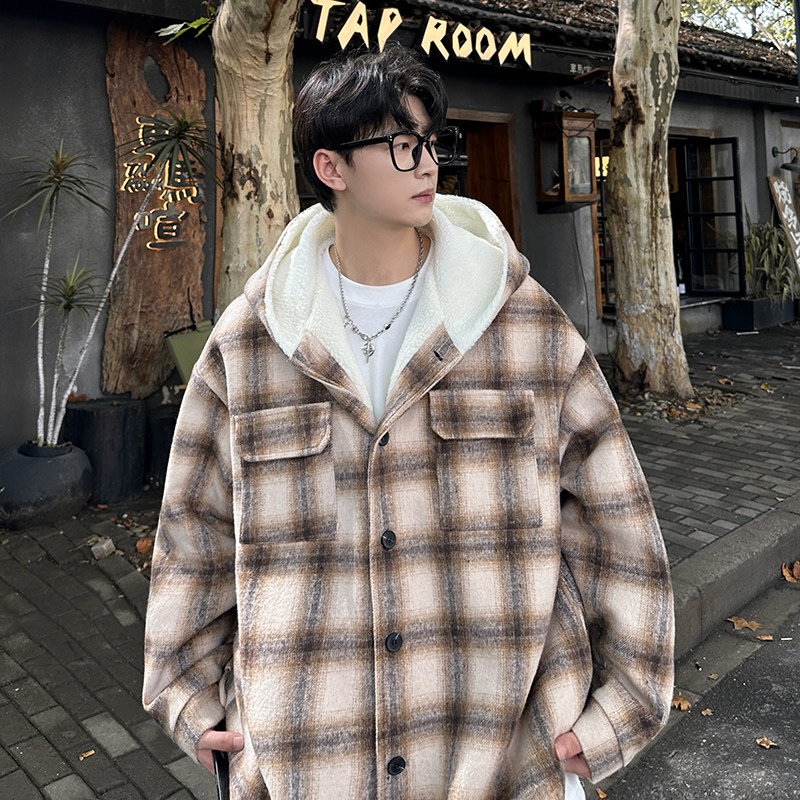 MH10`条纹ins加厚中长款羊羔毛呢料外套连帽棉衣棉服男 P118图片