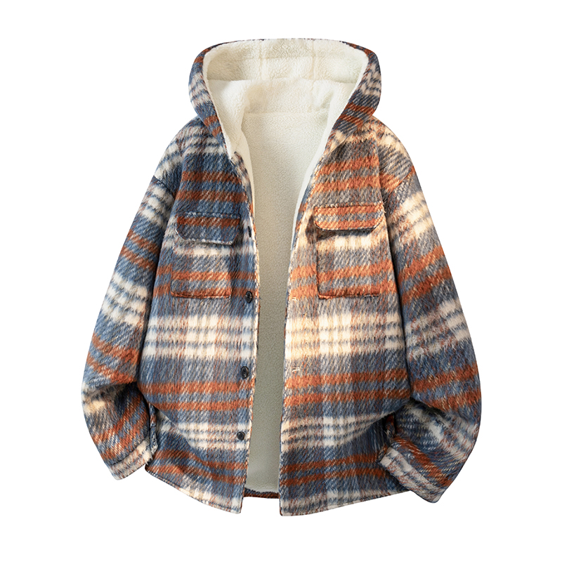 MH09`条纹ins加厚中长款羊羔毛呢料外套连帽棉衣棉服男P118，男装棉衣，电商A066