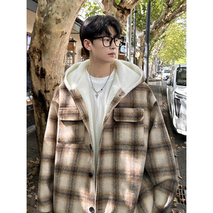 MH10`条纹ins加厚中长款羊羔毛呢料外套连帽棉衣棉服男 P118图片