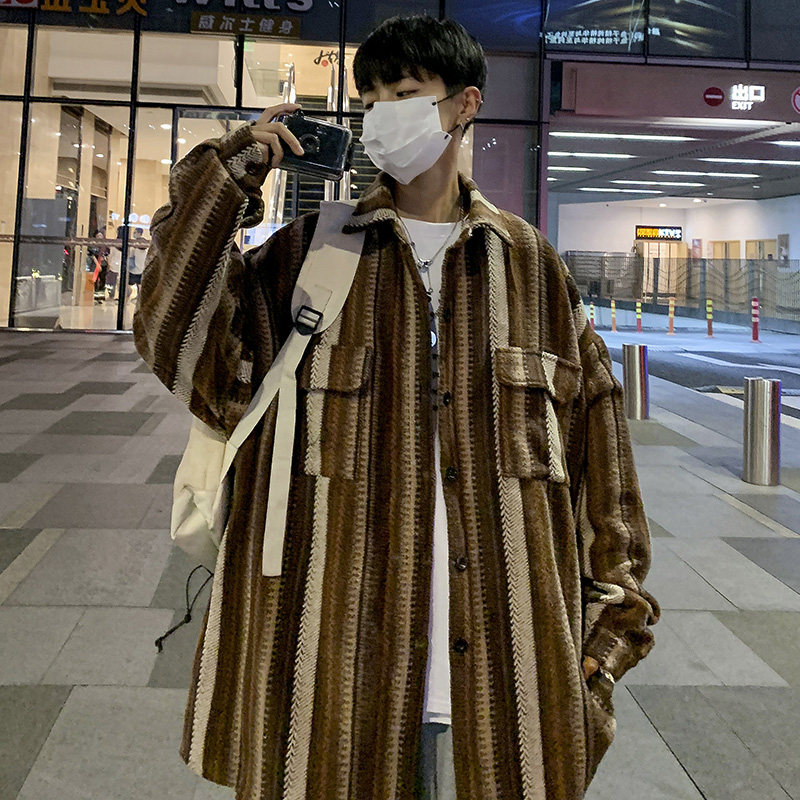 CT03港风大码宽松ins情侣民族风呢料夹克衬衫外套男P6888棕,男装民族服装,电商A066