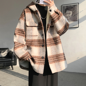 MH08`条纹ins加厚中长款羊羔毛呢料外套连帽棉衣棉服男 P118图片