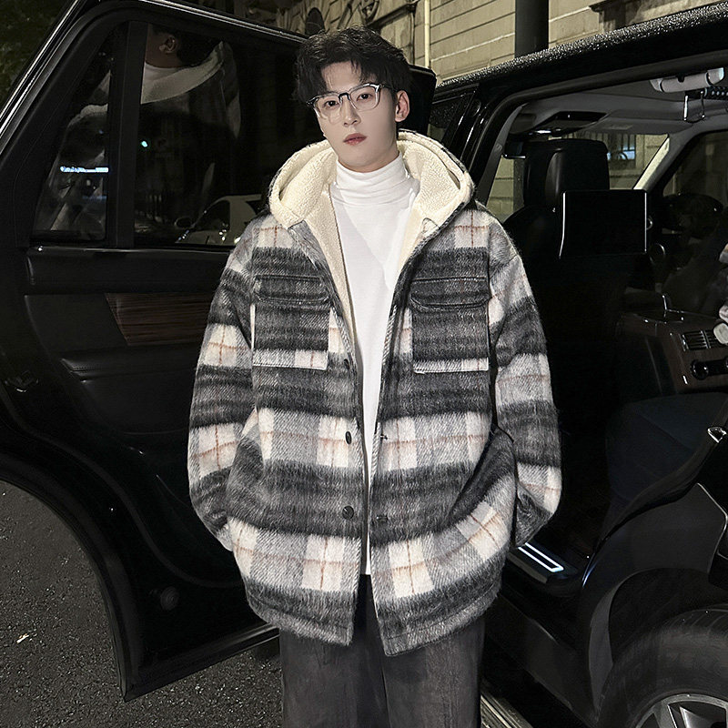 MH15`条纹ins加厚中长款羊羔毛呢料外套连帽棉衣棉服男P118,男装棉衣,电商A066