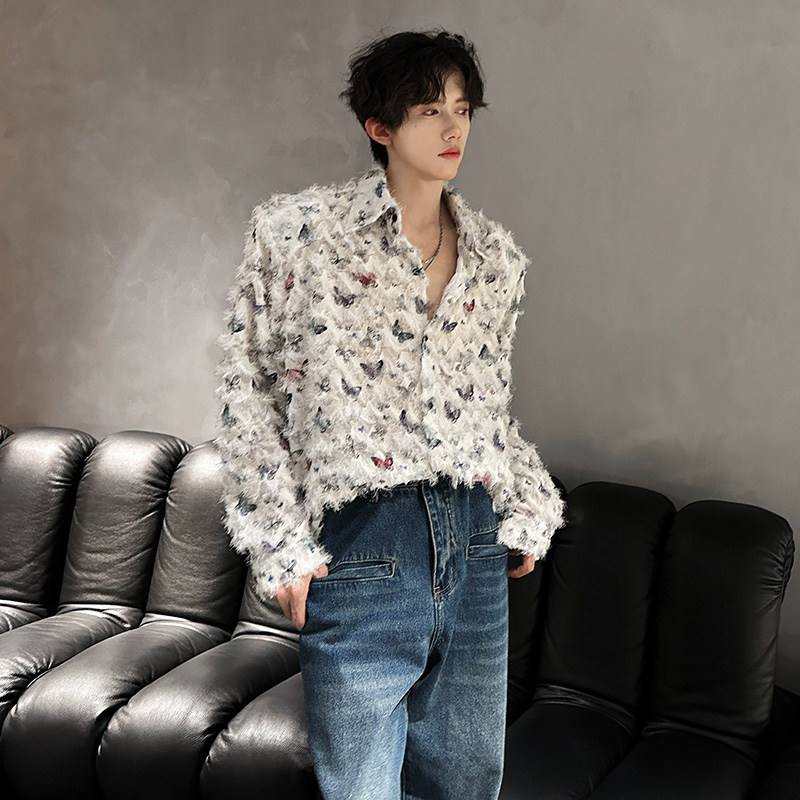 KT1010`垫肩款重工艺流苏蝴蝶情侣花衬衫男女P48，男装衬衫，电商A066