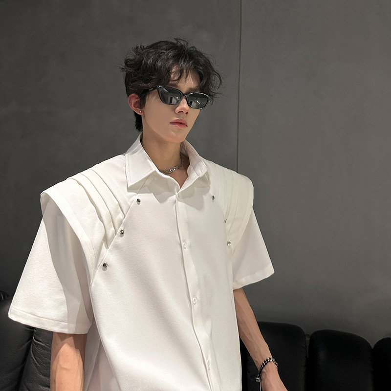 KT1030`垫肩款假两件拼接短袖衬衫男女P58,男装衬衫,电商A066