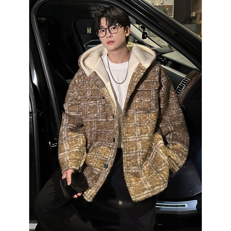 MH13`条纹ins加厚中长款羊羔毛呢料外套连帽棉衣棉服男P118,男装棉衣,电商A066
