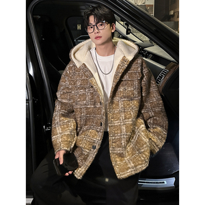 MH13`条纹ins加厚中长款羊羔毛呢料外套连帽棉衣棉服男 P118图片