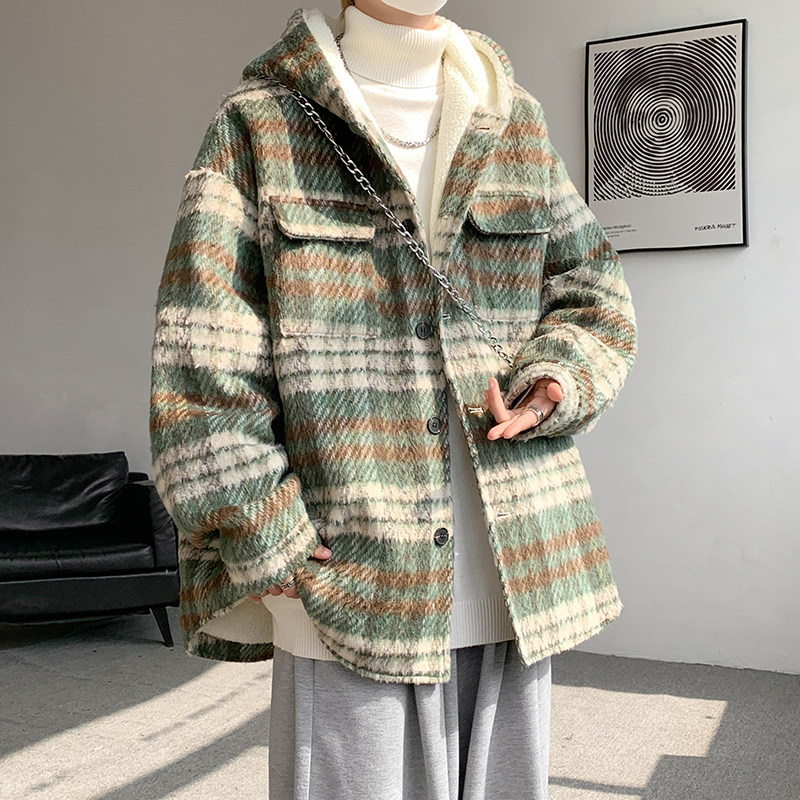 MH09`条纹ins加厚中长款羊羔毛呢料外套连帽棉衣棉服男P118,男装棉衣,电商A066