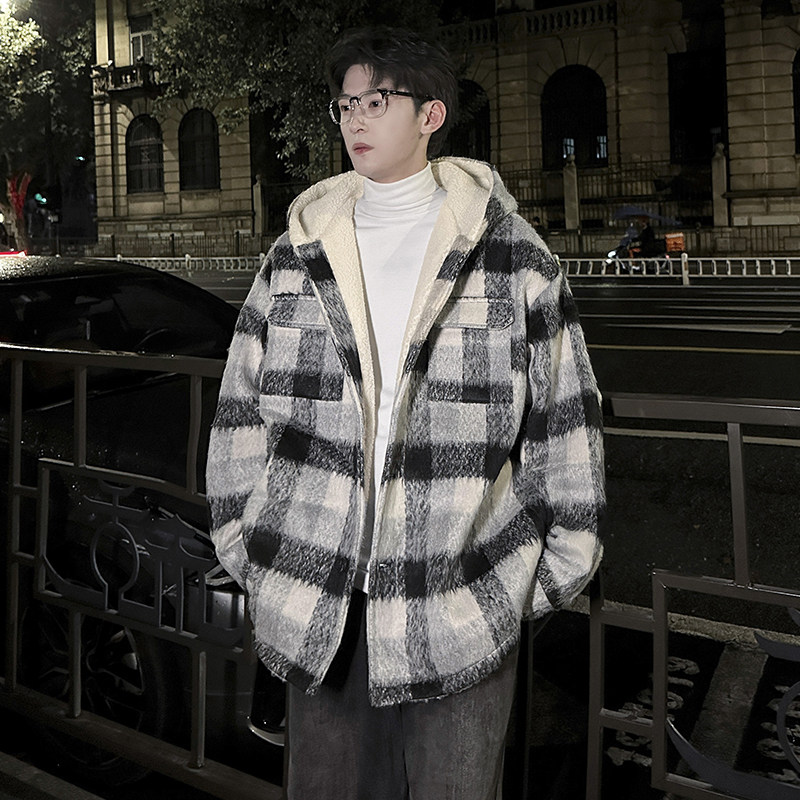 MH18`条纹ins加厚中长款羊羔毛呢料外套连帽棉衣棉服男P118,男装棉衣,电商A066