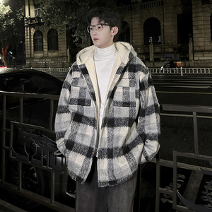 MH18`条纹ins加厚中长款羊羔毛呢料外套连帽棉衣棉服男 P118图片