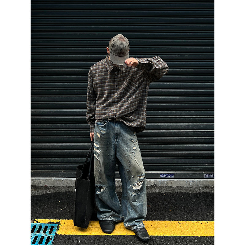 CR009`暗黑风重工艺加厚格子潮牌高街ins衬衫男女P55,男装衬衫,电商A066